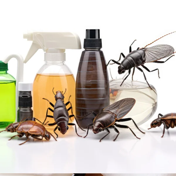 A collection of bugs alongside various cleaning products on a white surface, highlighting pest control efforts.