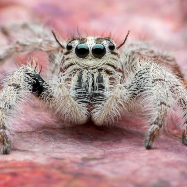 Gros plan sur une araignée sauteuse, mettant en évidence ses yeux et ses pattes velues.