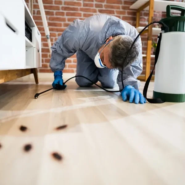 Un homme en combinaison de protection pulvérise un insecticide sur le sol.