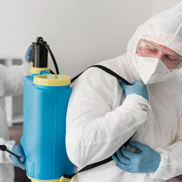 Two people in protective gear and masks hold a blue and yellow sprayer, preparing for a spraying task.