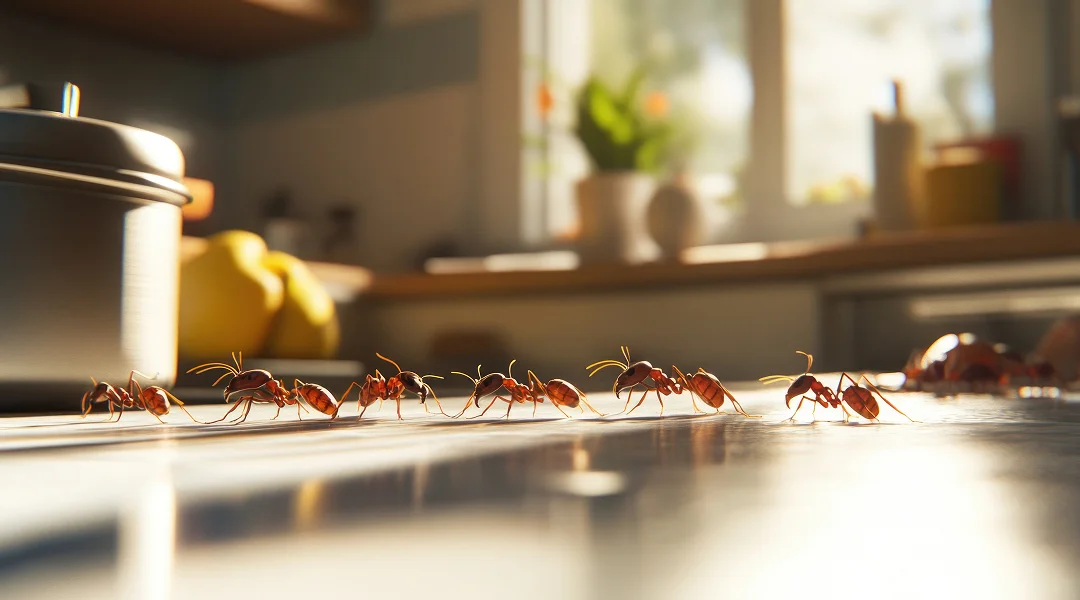 A group of ants marching across a kitchen counter, highlighting an ant infestation in the house.