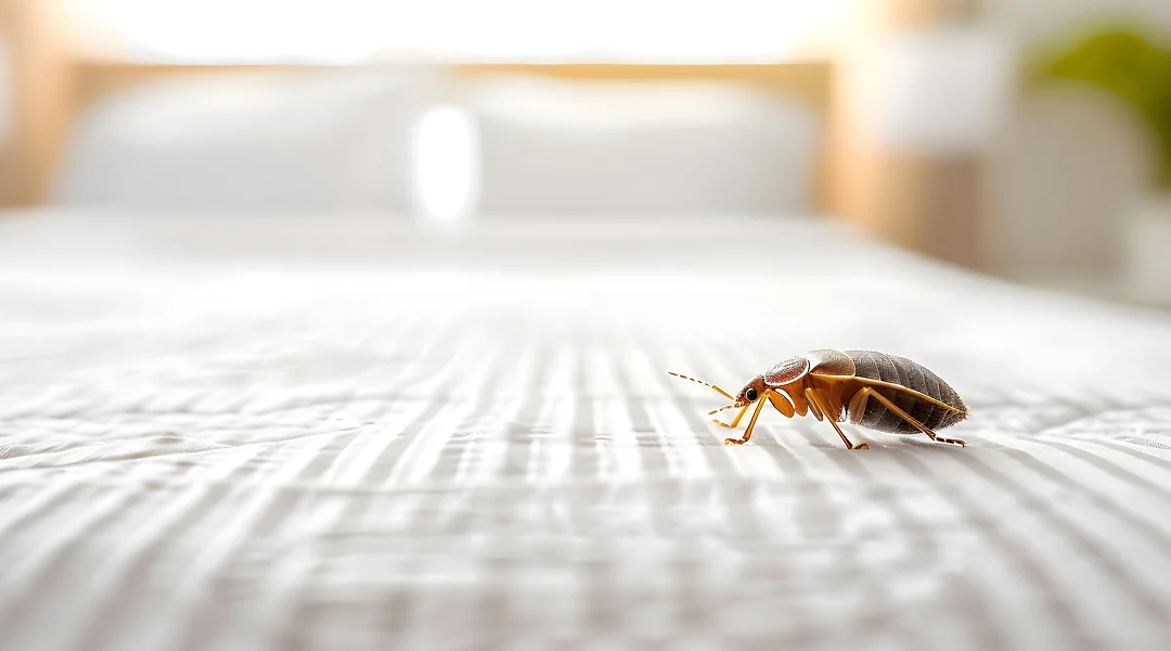 A bed bug on a hotel room bed, highlighting the need for effective bed bug treatment.