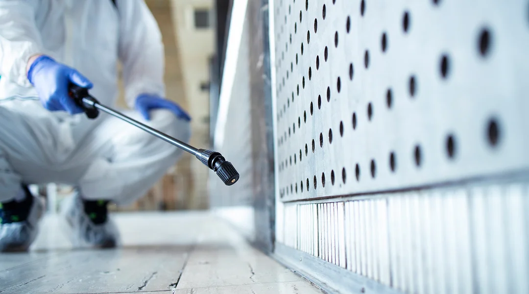 A person in a white suit and blue gloves cleans a floor, representing an extermination service in Montréal.