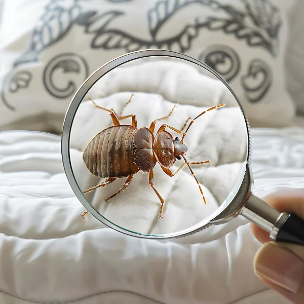 A person examines a bed bug with a magnifying glass, highlighting the importance of bed bug treatment.